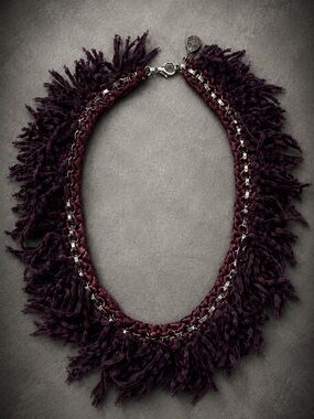 Handcrafted Fringe Statement Necklace - Plum/ Silver Tone Chain Detail